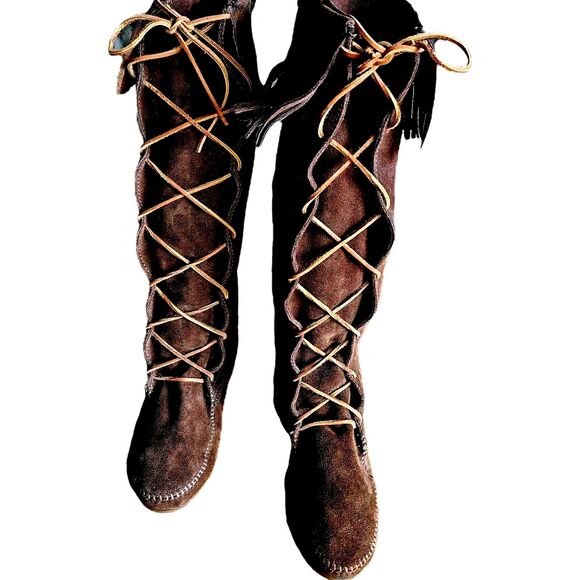 Minnetonka 1422 Leather Moccasins Tall Fringe Suede Boho Lace Up Boots Size 10 - Picture 1 of 7